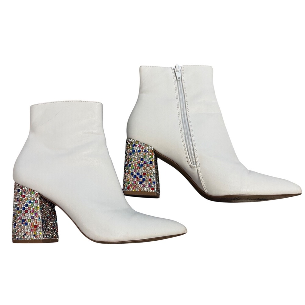 Betsey Johnson Kassie White Rhinestone Block Heel Ankle Boot Women 7.5M Good